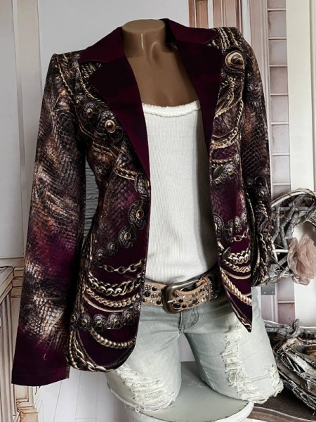 Blazer S 36 MISSY Kurzblazer dunkles lila Snakeprint Kettchen/Goldton Nieten neue Kollektion