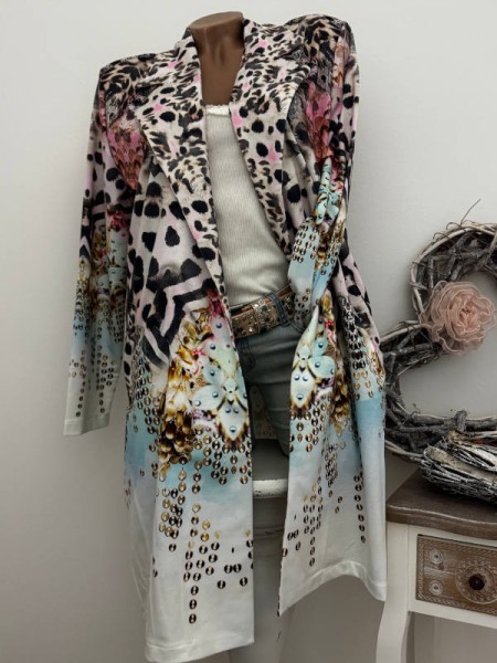 MISSY Blazer Longblazer Kurzmantel Gehrock 42 44 pastelliges blau weiss rosa Leoprint Glitzernieten