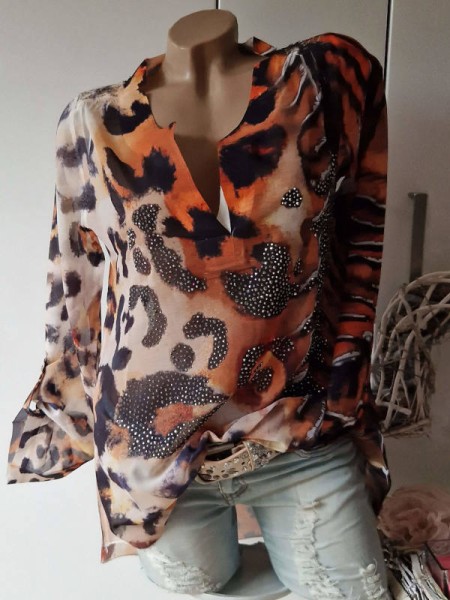 MISSY L 40 Tunika Bluse Turn up Ärmel Animal braun rost schwarz gemustert  hinten Spitze Glitzer | Italienische und Franzoesische Damenmode | modebina  online shop