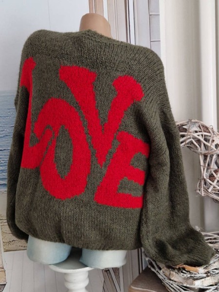 Cardigan Strickjacke dunkeloliv/rot Love Oversize Made in Italy 36-42 Ärmel überschnitten