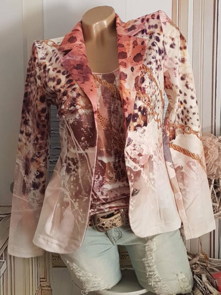 Blazer XL 42 MISSY Kurzblazer Neu rosa creme weiss beige Leo Kettchen Tigermotiv Print Neu