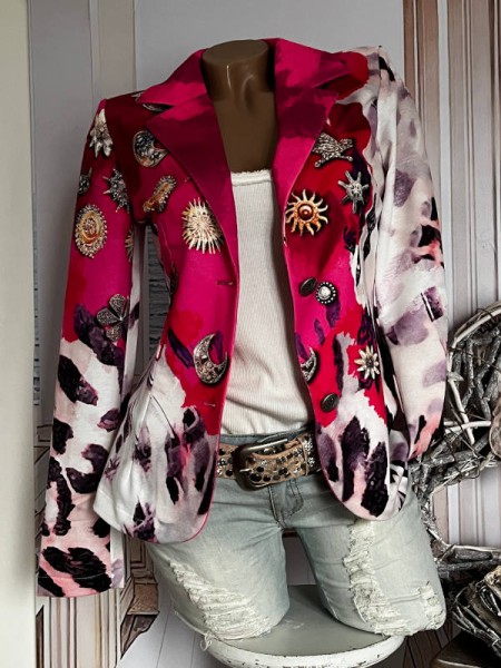 L 40 Blazer MISSY Kurzblazer Neu pink Leo Sonne Blumen Broschenprint Glitzer Nieten