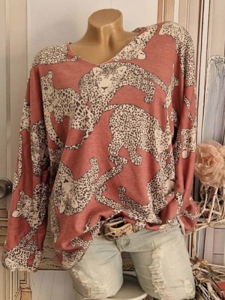 Longsleeve Tunika 38-42 Lurexsaum altrosa weiss Animal Gepard Print