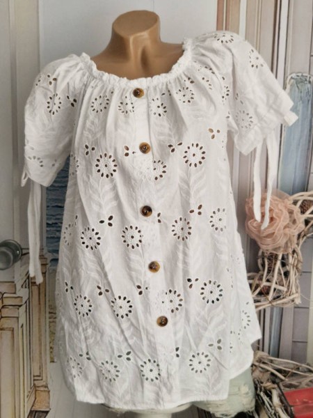 Carmen Bluse Ärmel zum binden Tunika Off Shoulder Lochspitze 36-40 weiss Made in Italy