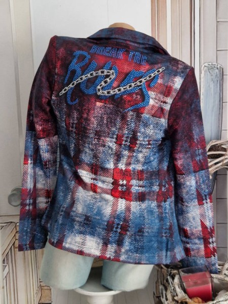 MISSY L 40 Kurzblazer neue Kollektion Blazer used blau bordeaux Kettchen Print Nieten Neu