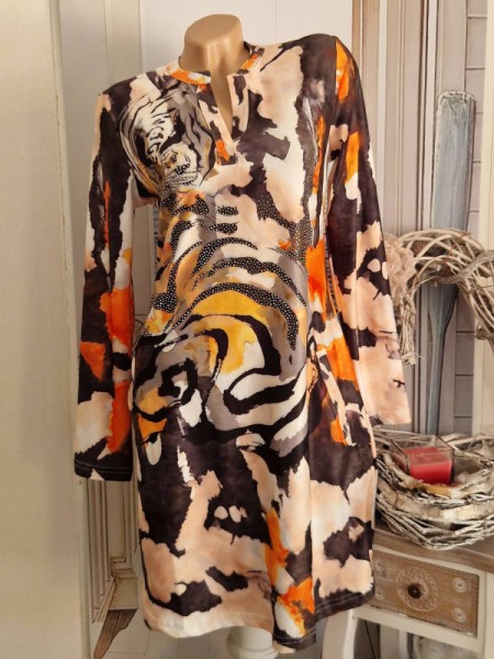 Tunika L 40 Kleid neue Kollektion V-Neck MISSY Taschen Tiger bunt Glitzer Nieten